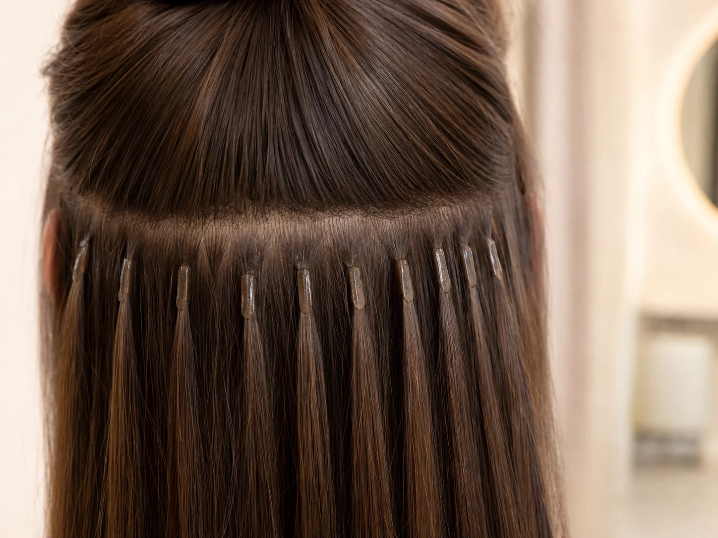 Närbild av Nail Hair-slingor och keratinfästen