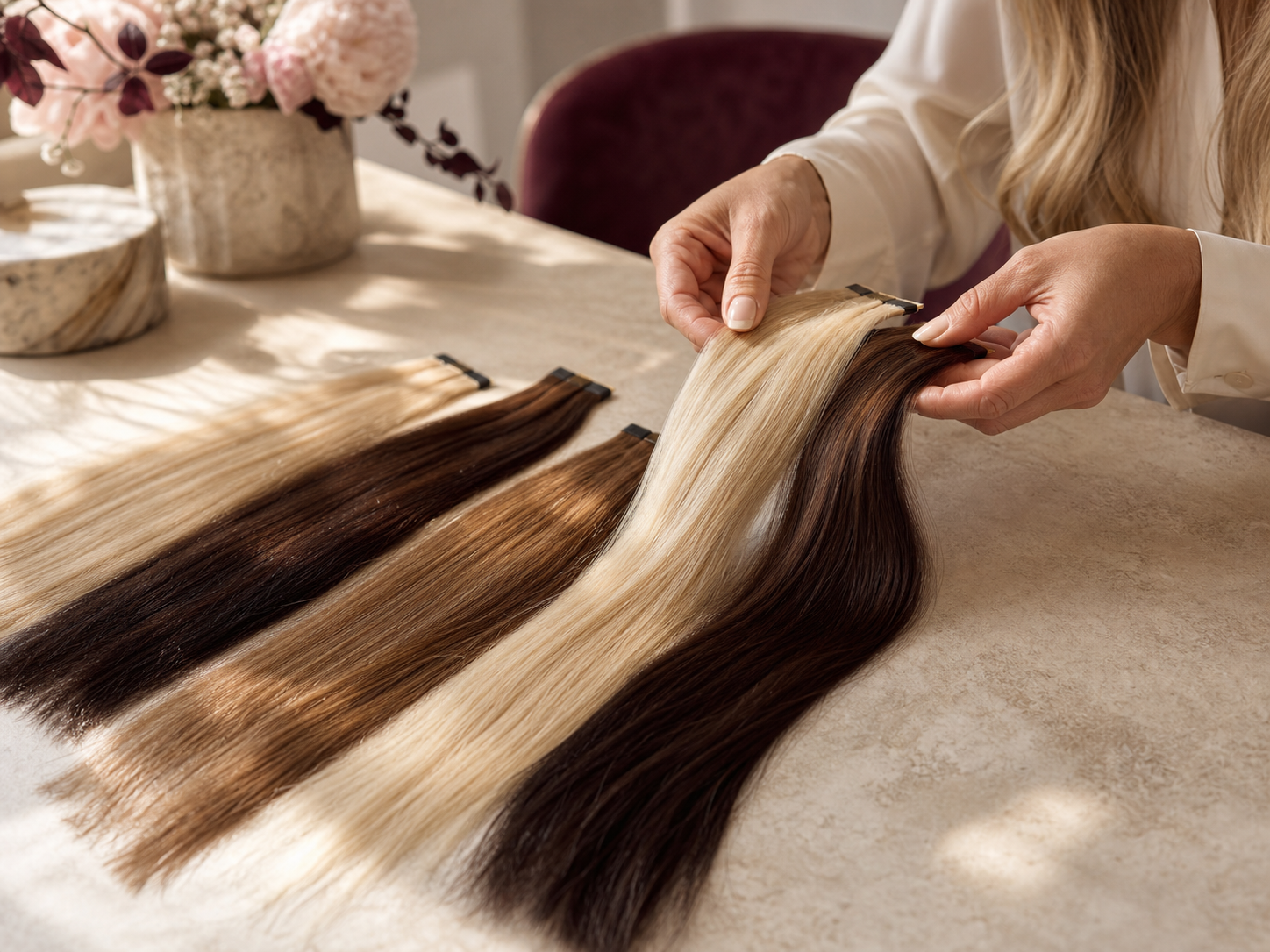 Hårexpert som jämför nyanser och kvalitet på äkta Remy-löshår