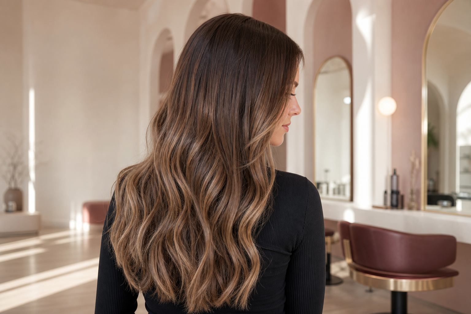 Långt brunt löshår med mjukt blandad balayage i karamelltoner